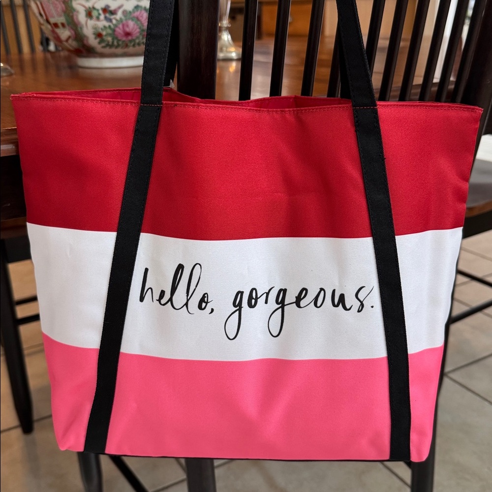 Kate Spade + Clinique “hello gorgeous” tote, red and pink stripe, NWT - Picture 3 of 6